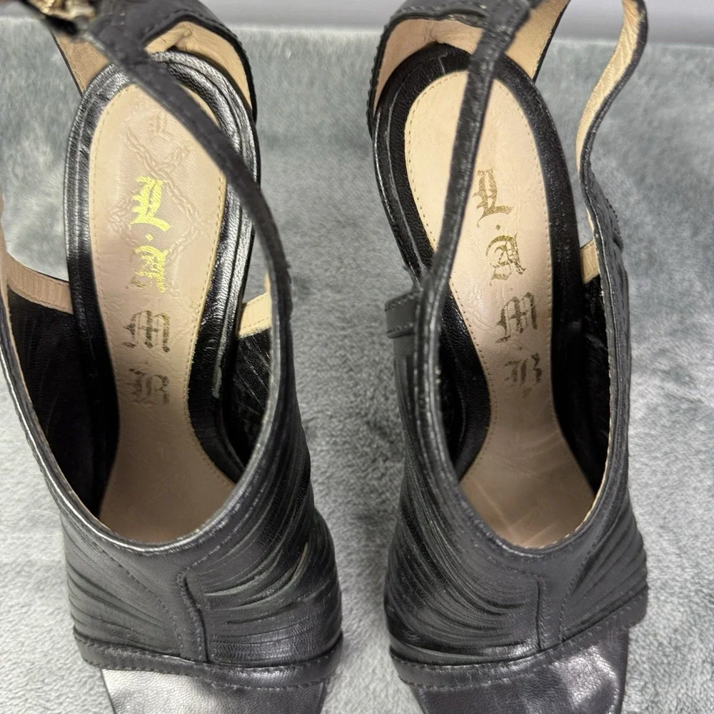 L.A.M.B. Gwen Stefani Black Leather Ankle Strappy‎ Caged Sandals High Heels 5.5